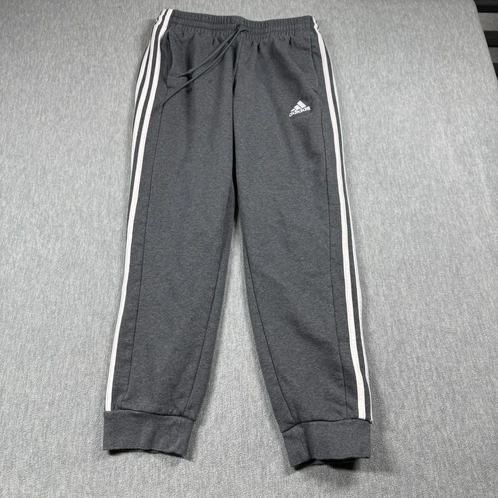 Adidas Joggers Men Large Gray 3 Stripe Fleece Sweatpants‎ Tapered Gym Athletic